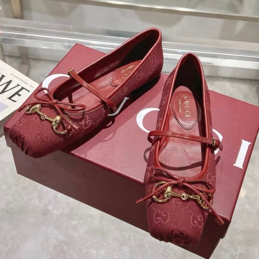 Gucci Burgundy GG Jacquard Mary Jane Flats with Gold Horsebit
